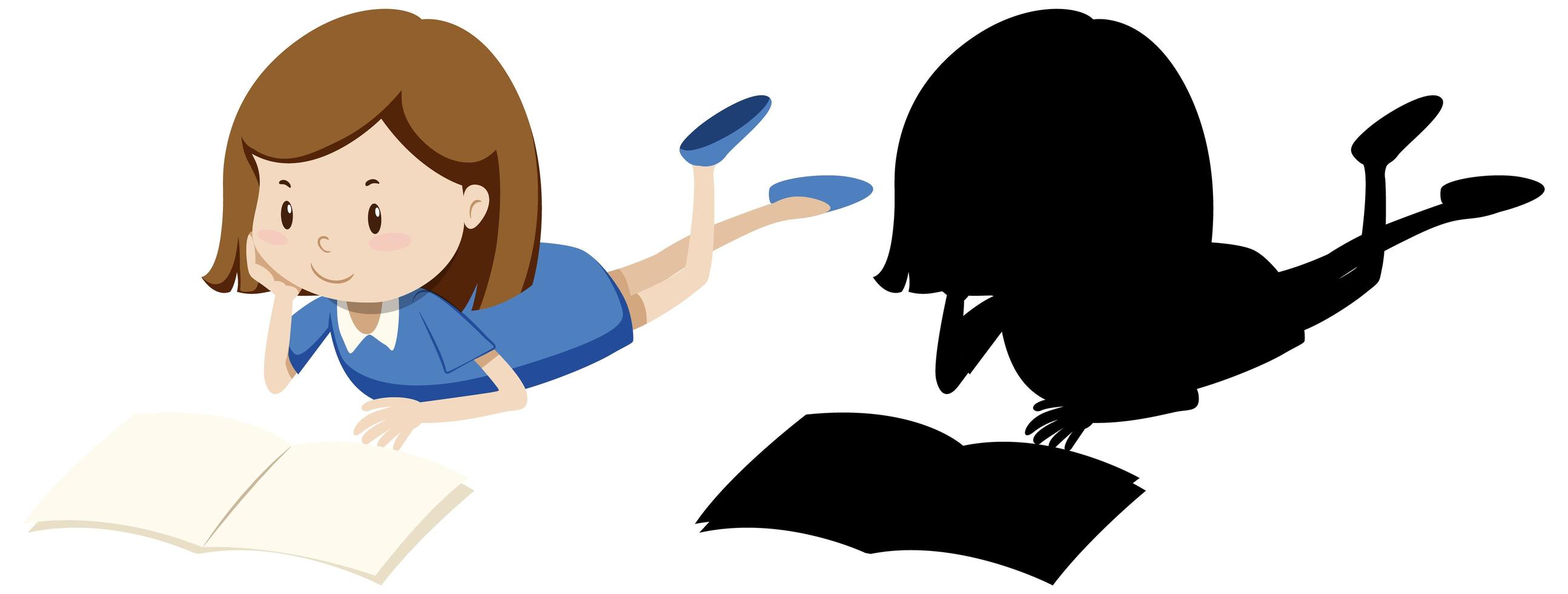 Girl reading book in colour and silhouette vector