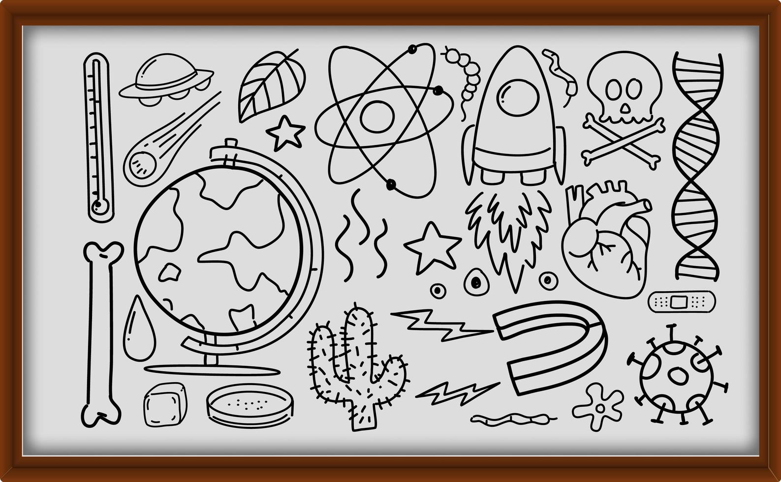 Diferentes trazos de doodle sobre equipos científicos en marco de madera. vector