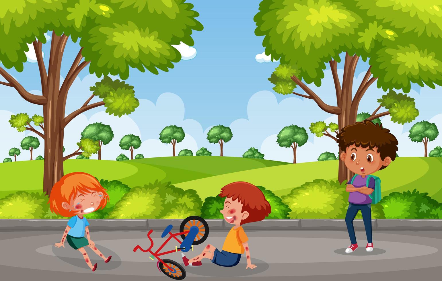 Dos niños heridos en la mejilla y el brazo por andar en bicicleta en la escena del jardín vector