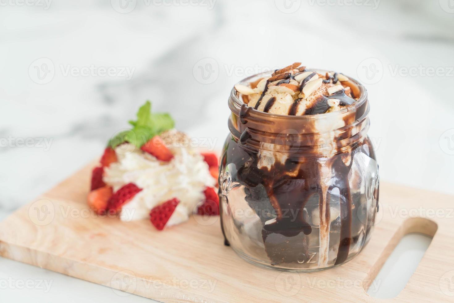 Chocolate brownies with vanilla ice cream photo