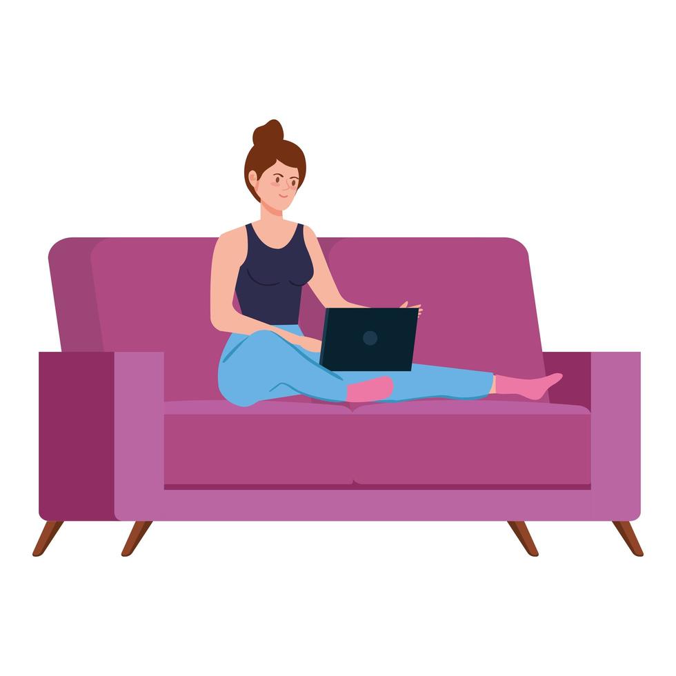 Woman on the couch working from home vector