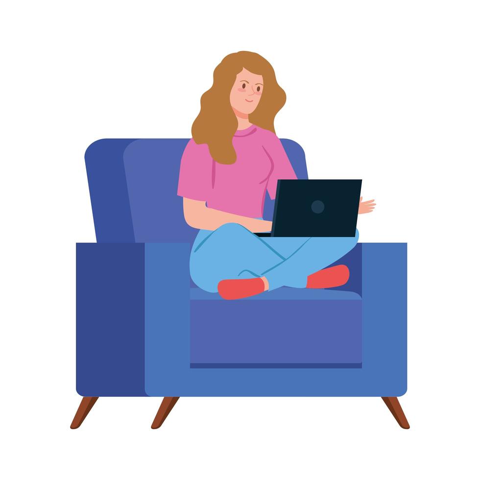 Woman on the couch working from home vector