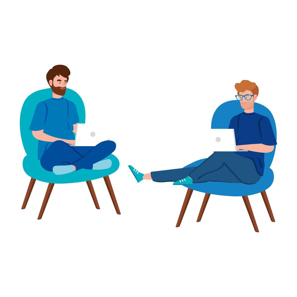 Men sitting on chairs and working with laptops vector