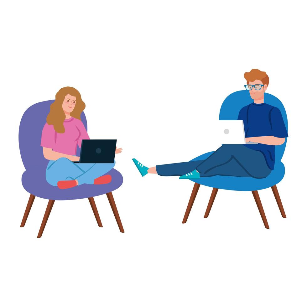 pareja sentada en sillas y trabajando con computadoras portátiles vector