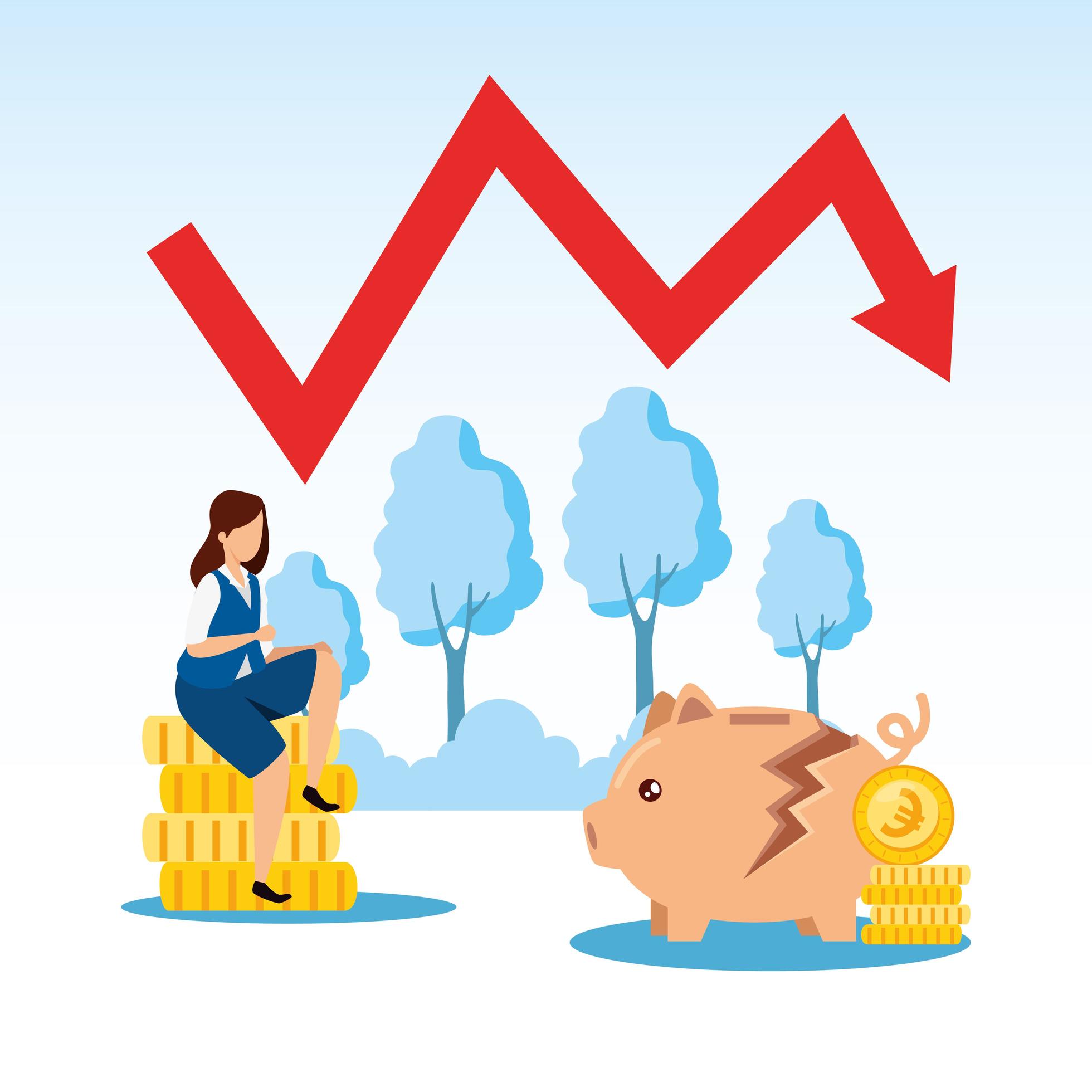 Stock market crash with businesswoman and arrow down 1783606 Vector Art