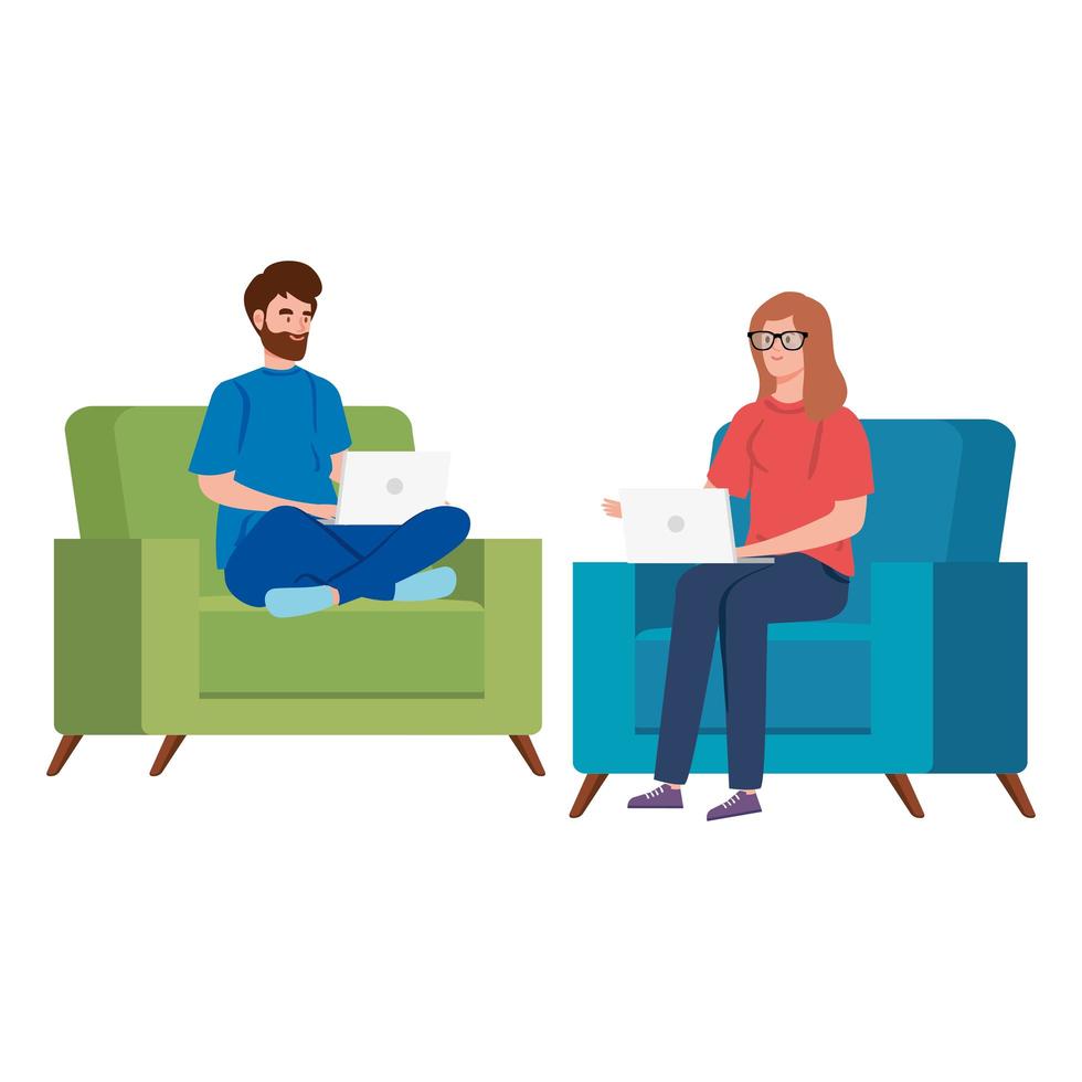 Couple sitting on chairs and working with laptops vector