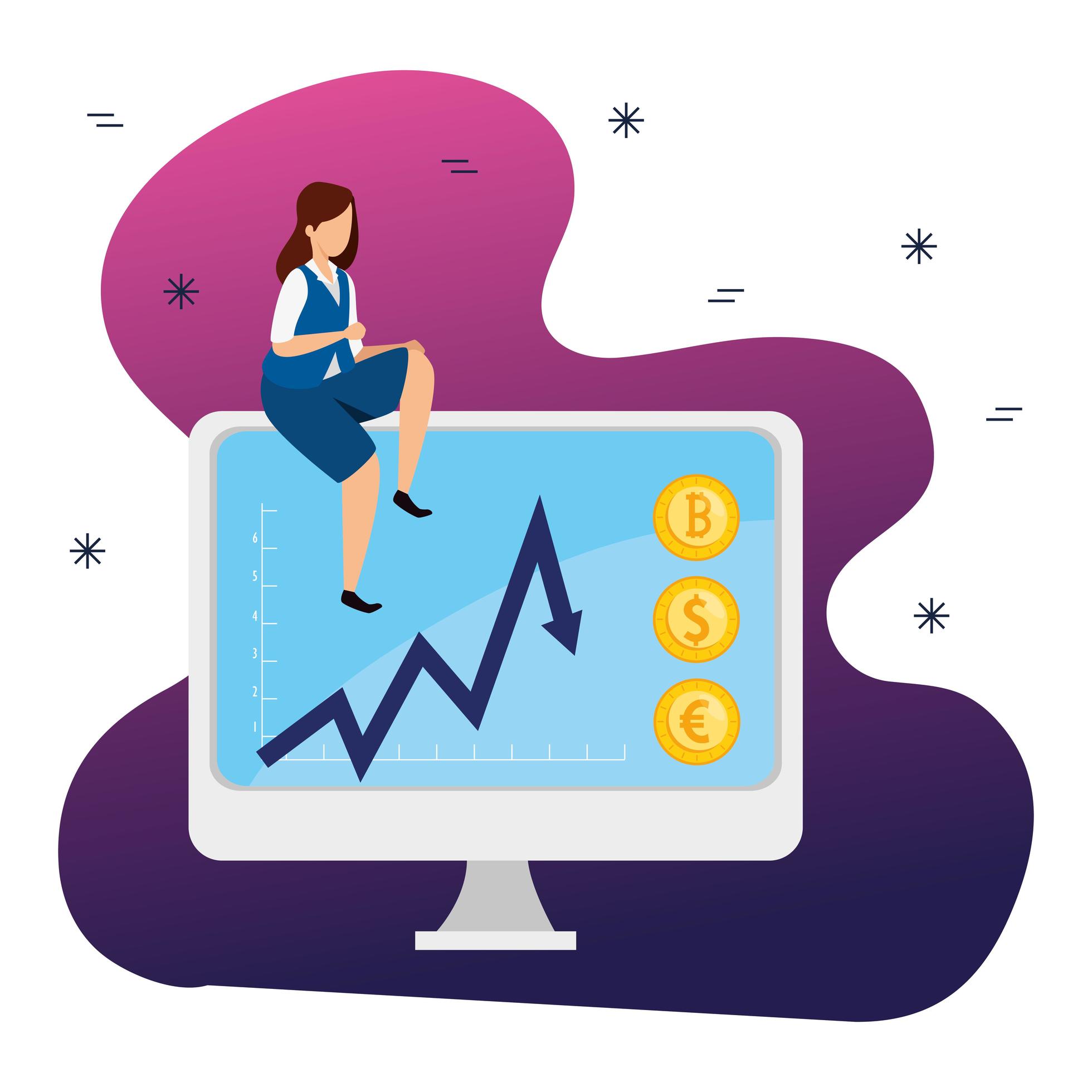 Stock market crash with businesswoman and computer 1783623 Vector Art