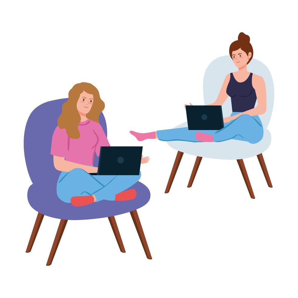 Women sitting on chairs and working with laptops vector