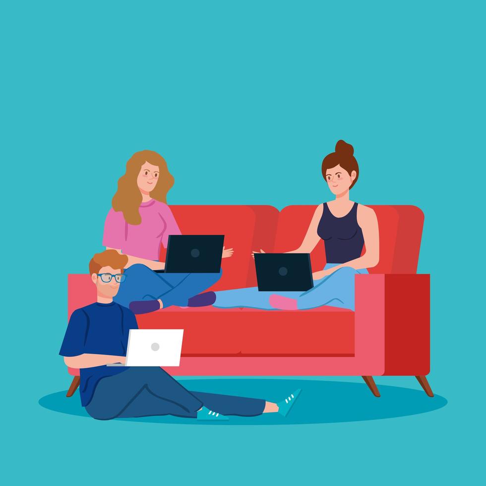 People at home working together on their laptops vector