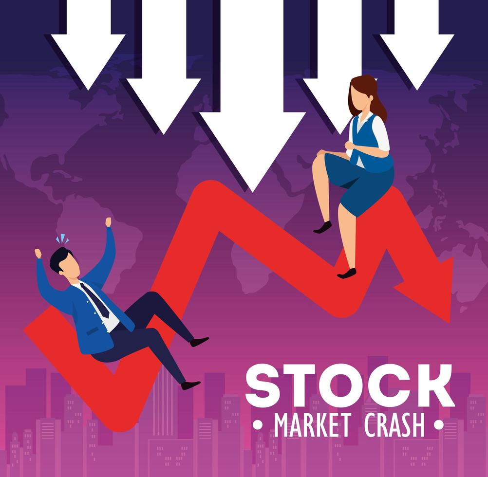 Stock market crash with businesspeople and arrow down vector