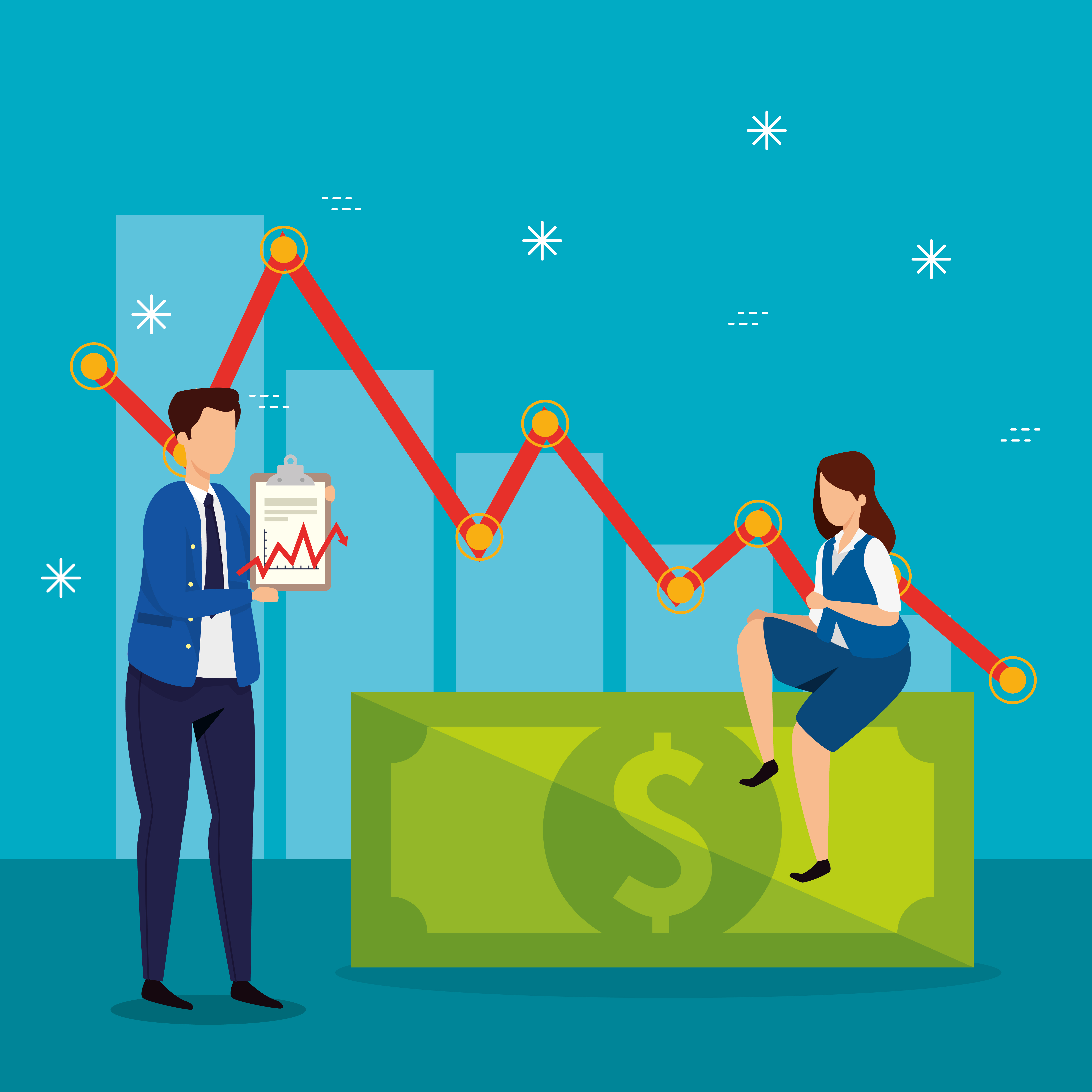 Stock market crash with businesspeople and arrow down 1783649 Vector