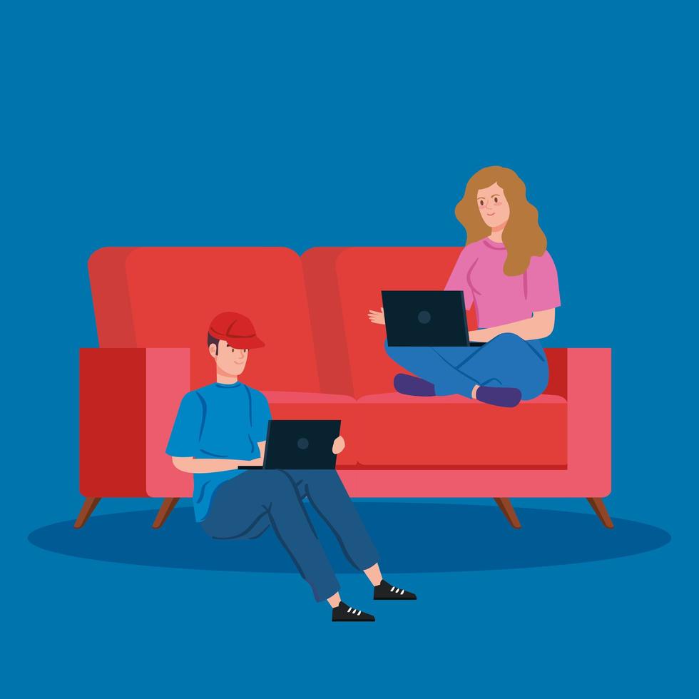 Couple at home working together on their laptops vector