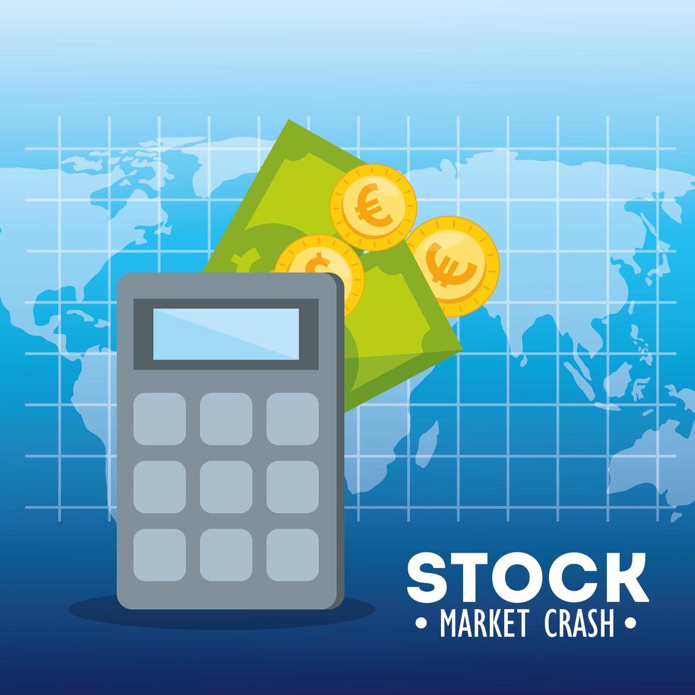 Stock market crash with calculator and money vector