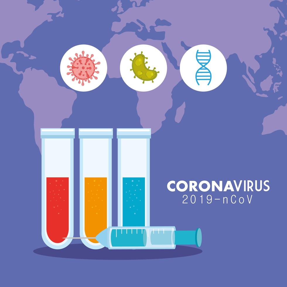 Banner médico de coronavirus con tubos de ensayo. vector