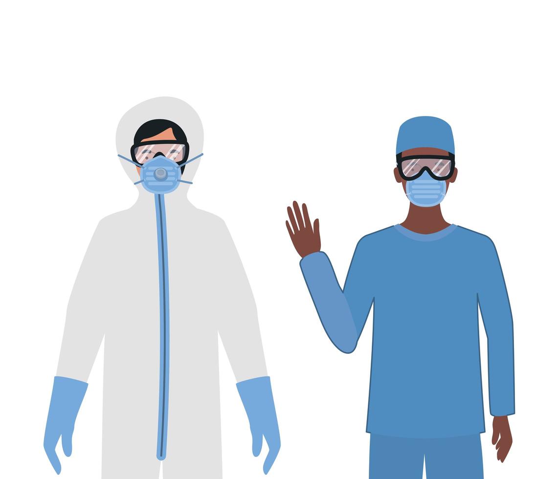 médicos con trajes de protección, gafas y máscaras. vector