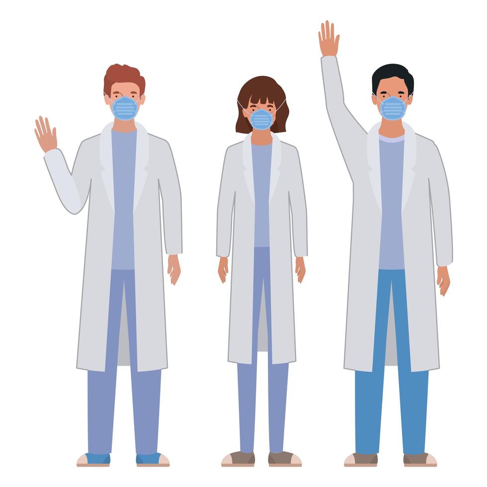 Men and woman doctor with uniforms and masks vector