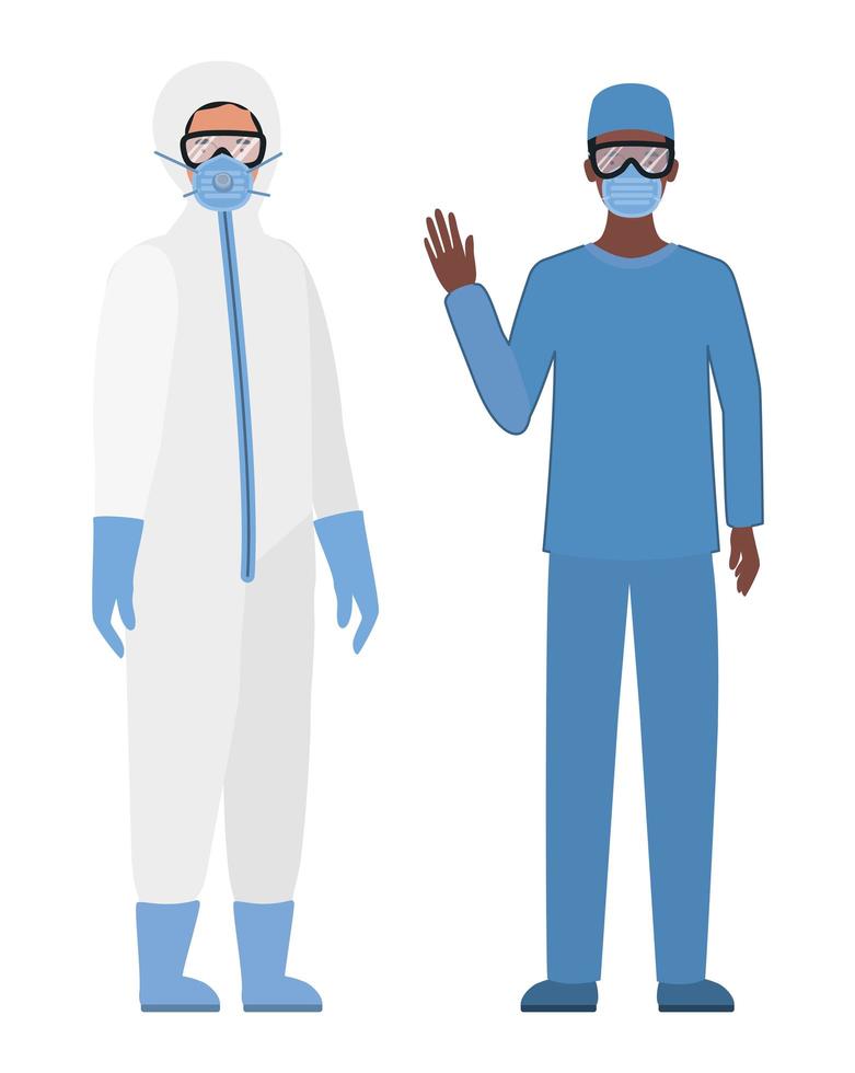Doctors with protective suits glasses and masks against Covid 19 vector