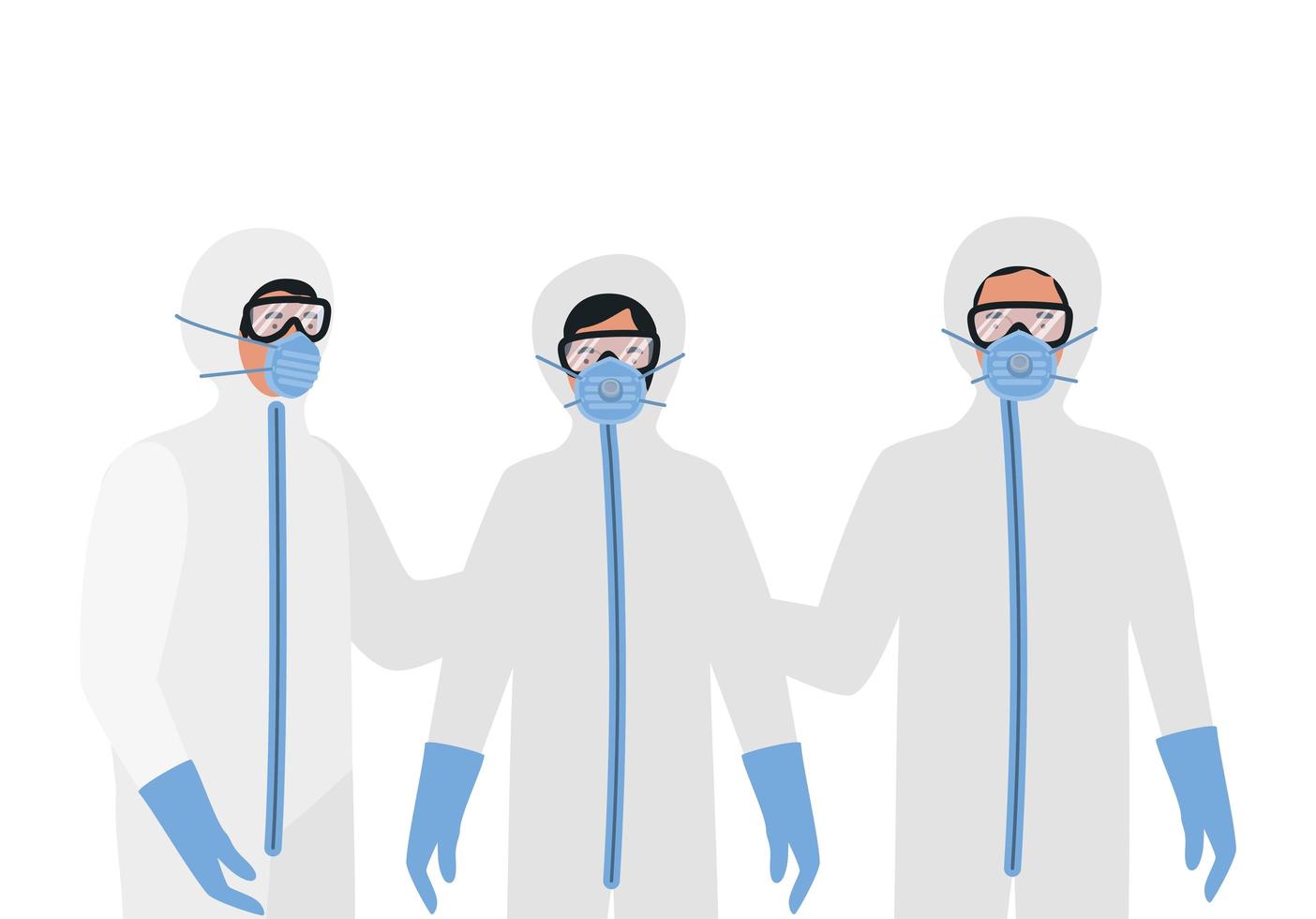 médicos con trajes de protección, gafas y máscaras. vector