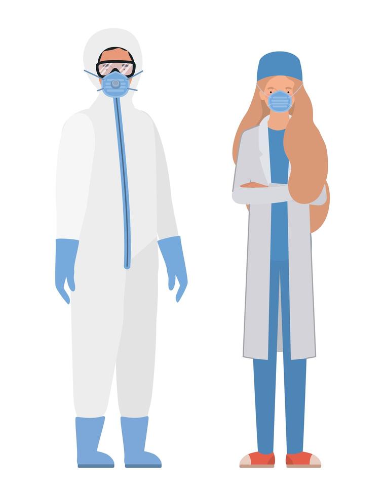 Doctors with protective suits glasses and masks vector