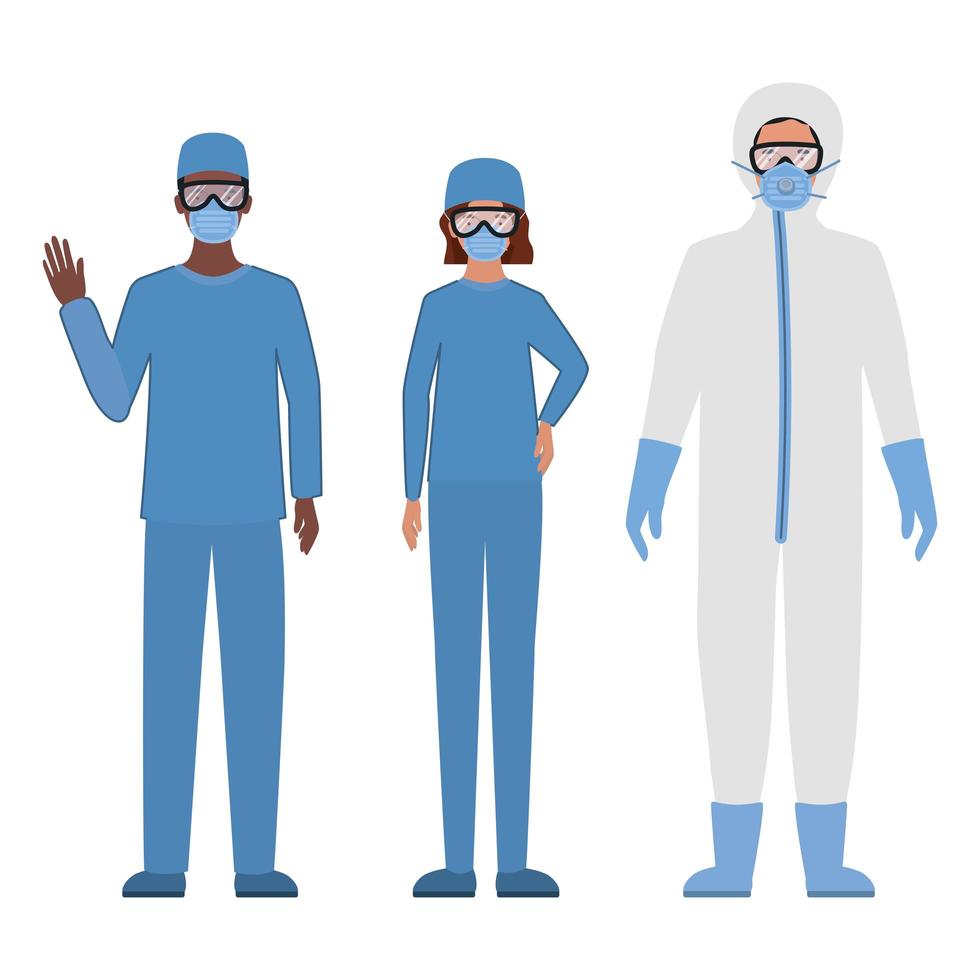 Doctors with protective suits glasses and masks vector