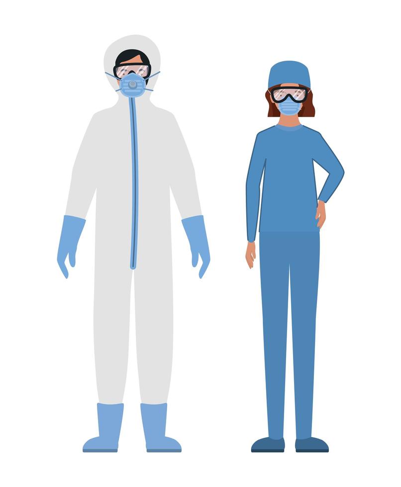 Doctors with protective suits glasses and masks vector