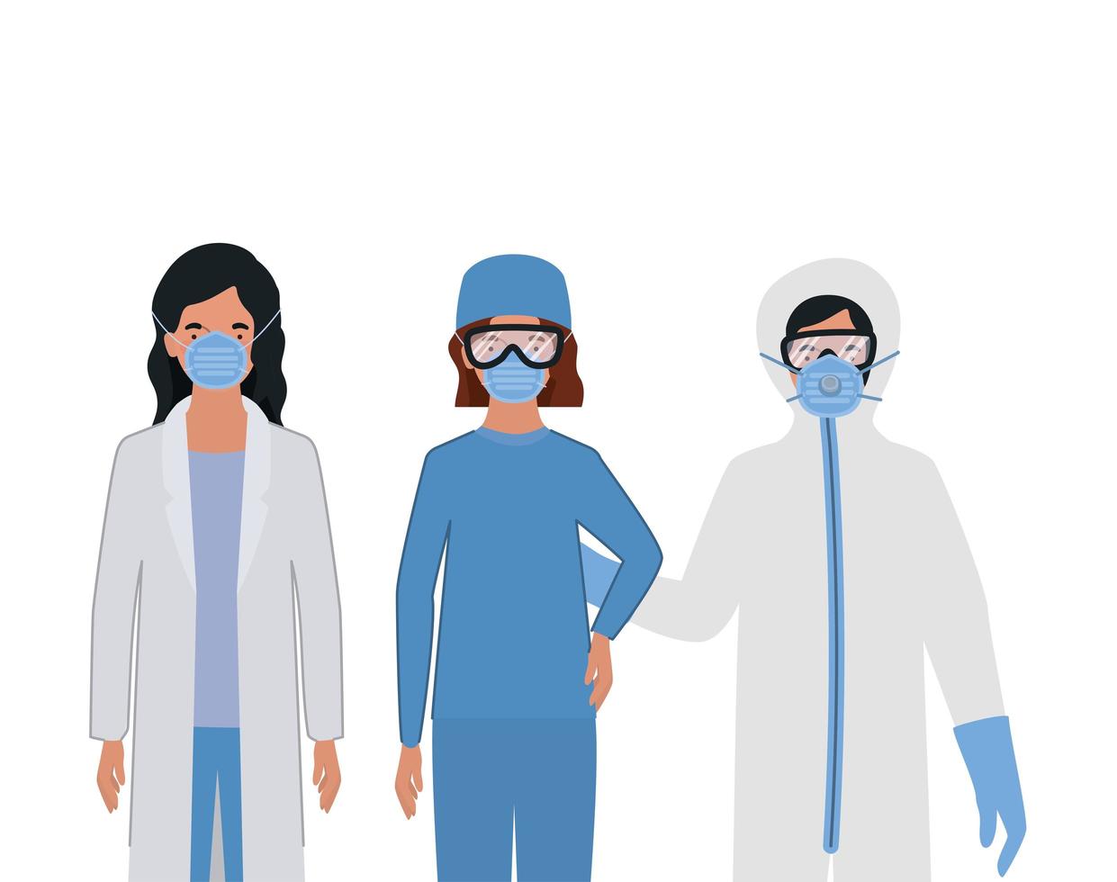 Doctors with protective suits glasses and masks vector