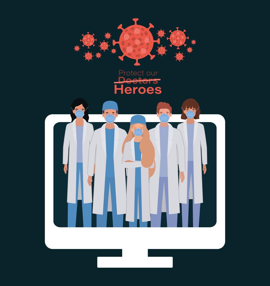 Women and men doctors heroes with uniforms and masks vector