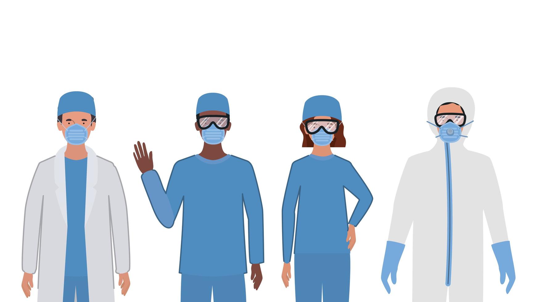 Doctors with protective suits glasses and masks vector