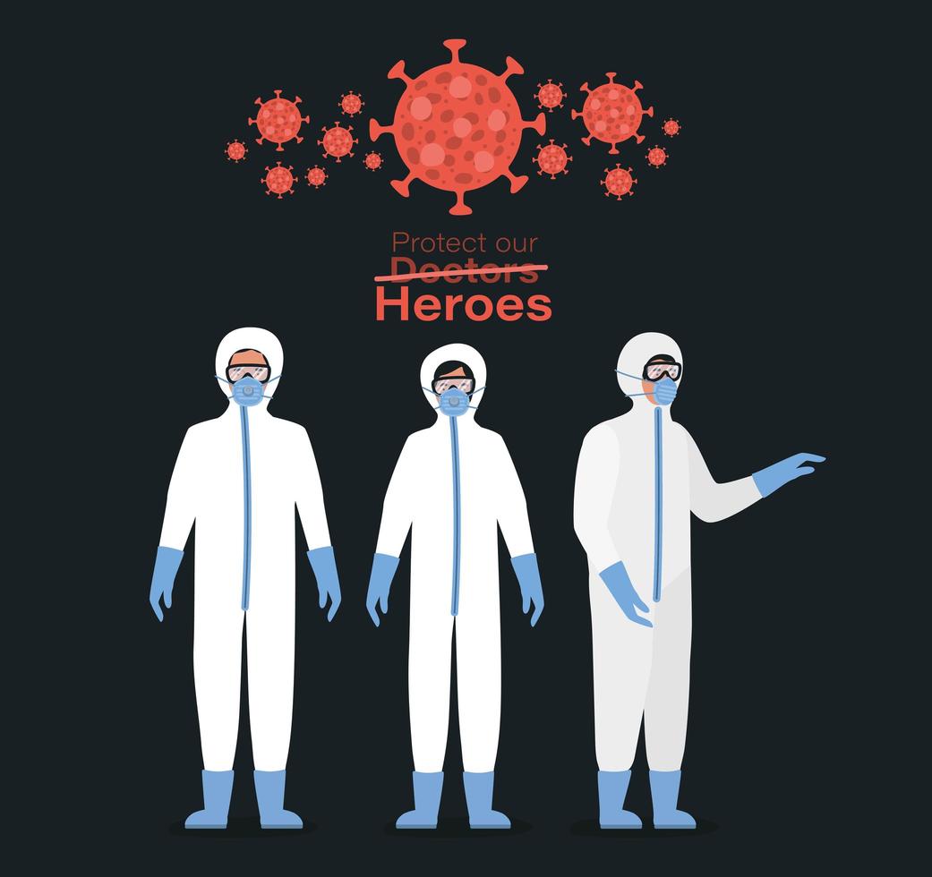 Doctors heroes with protective suits masks and glasses vector