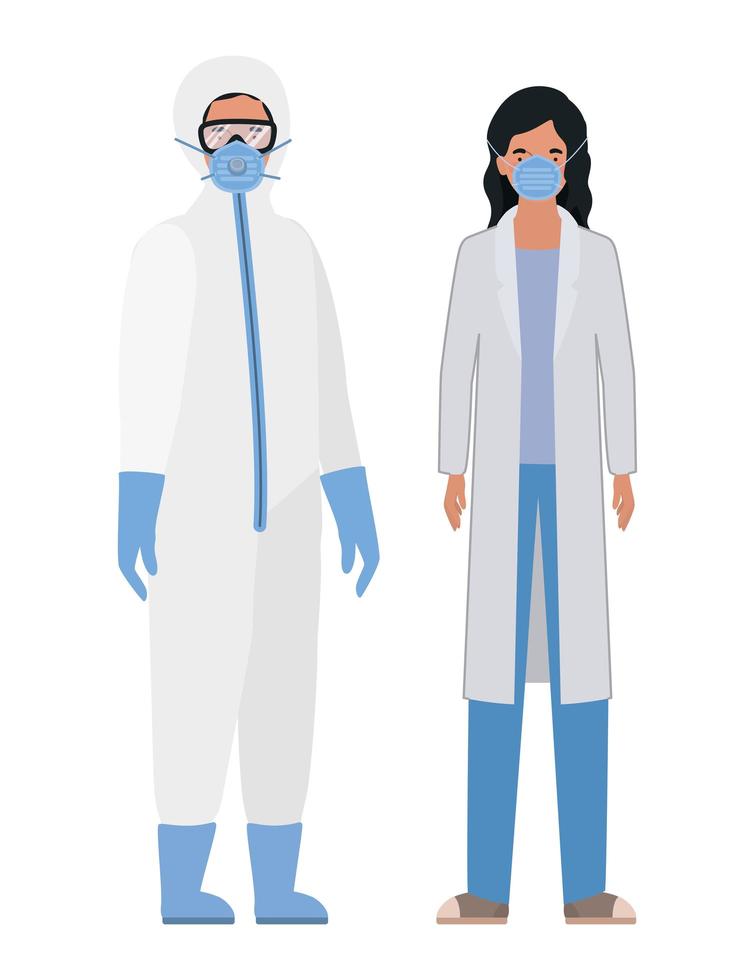 Doctors with protective suits glasses and masks vector