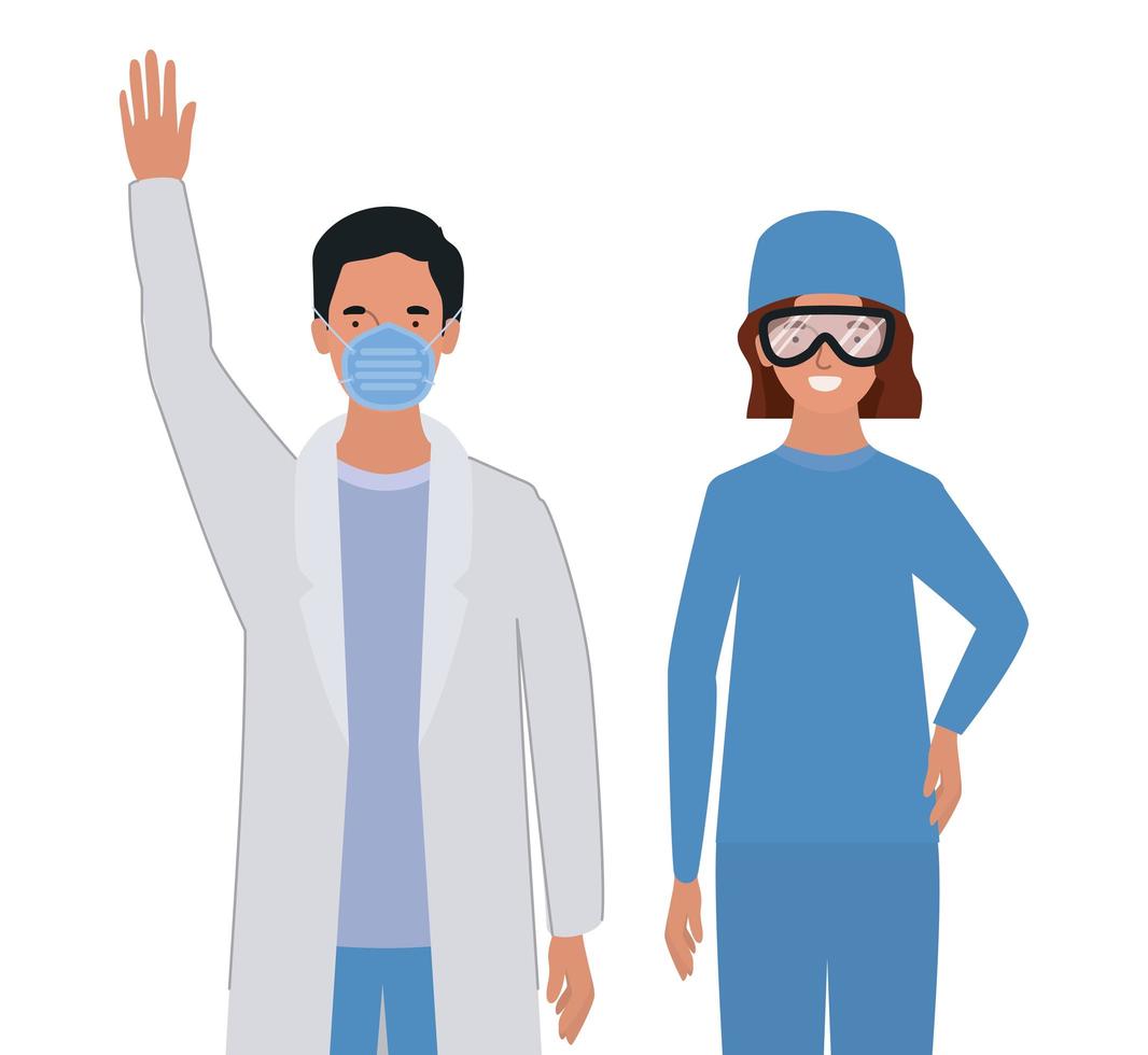 médico hombre y mujer con uniformes máscara y gafas vector