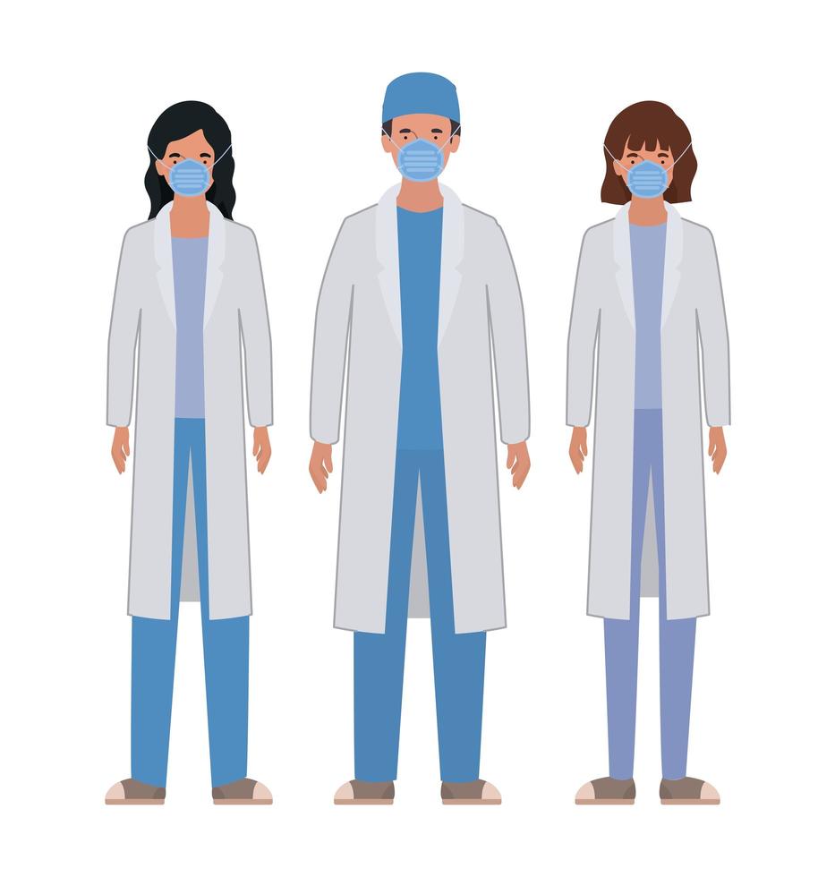 Man and women doctors with uniforms and masks vector