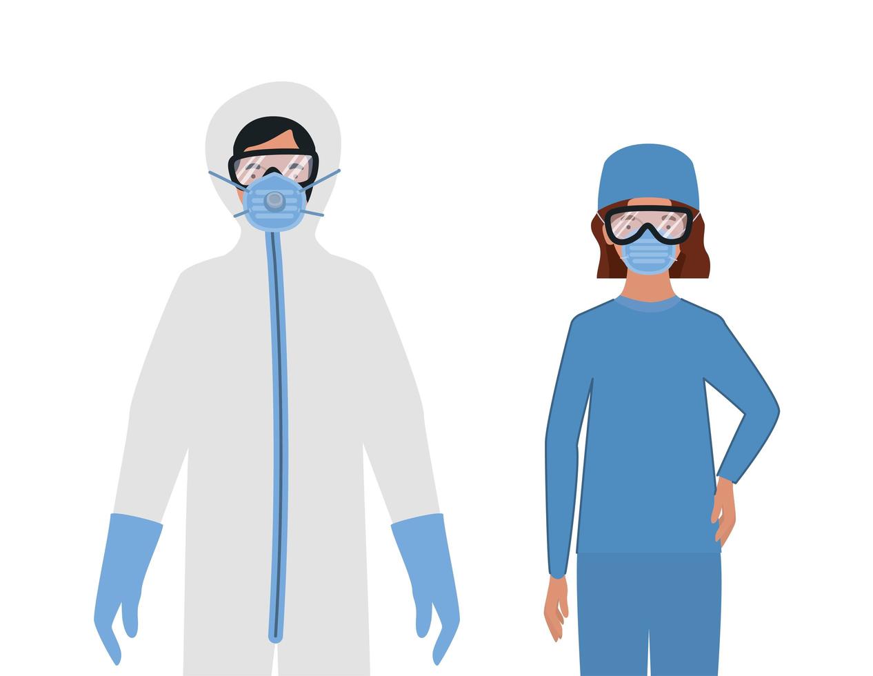 Doctors with protective suits glasses and masks against Covid 19 vector