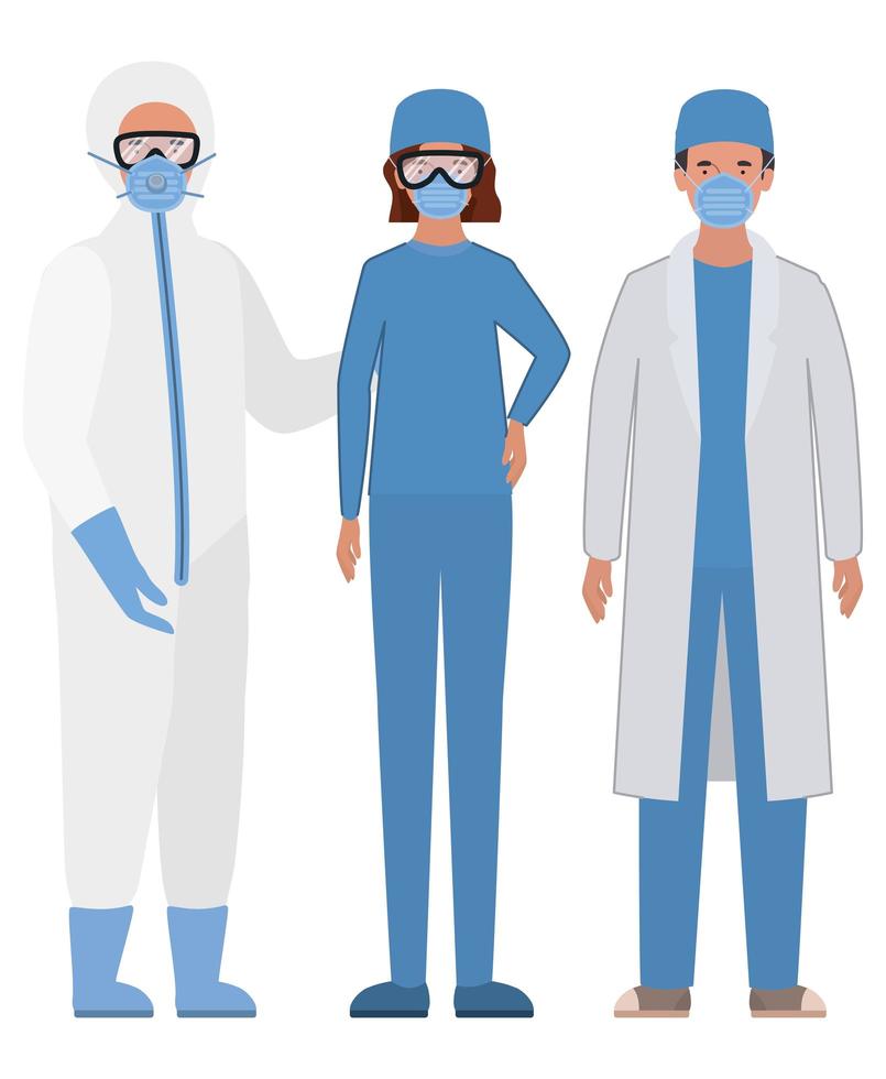 Doctors with protective suits glasses and masks vector
