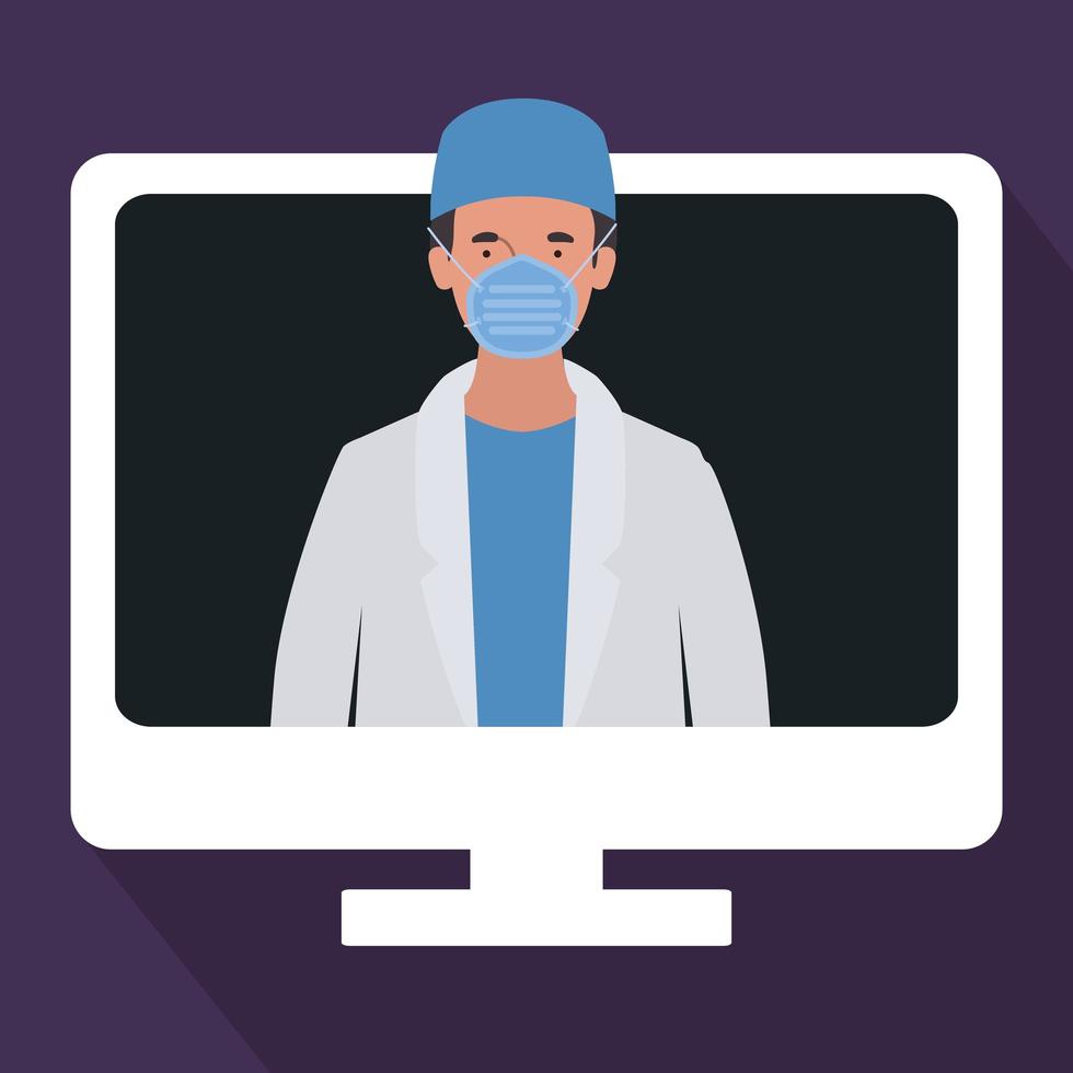 Man doctor with uniform mask and hat vector