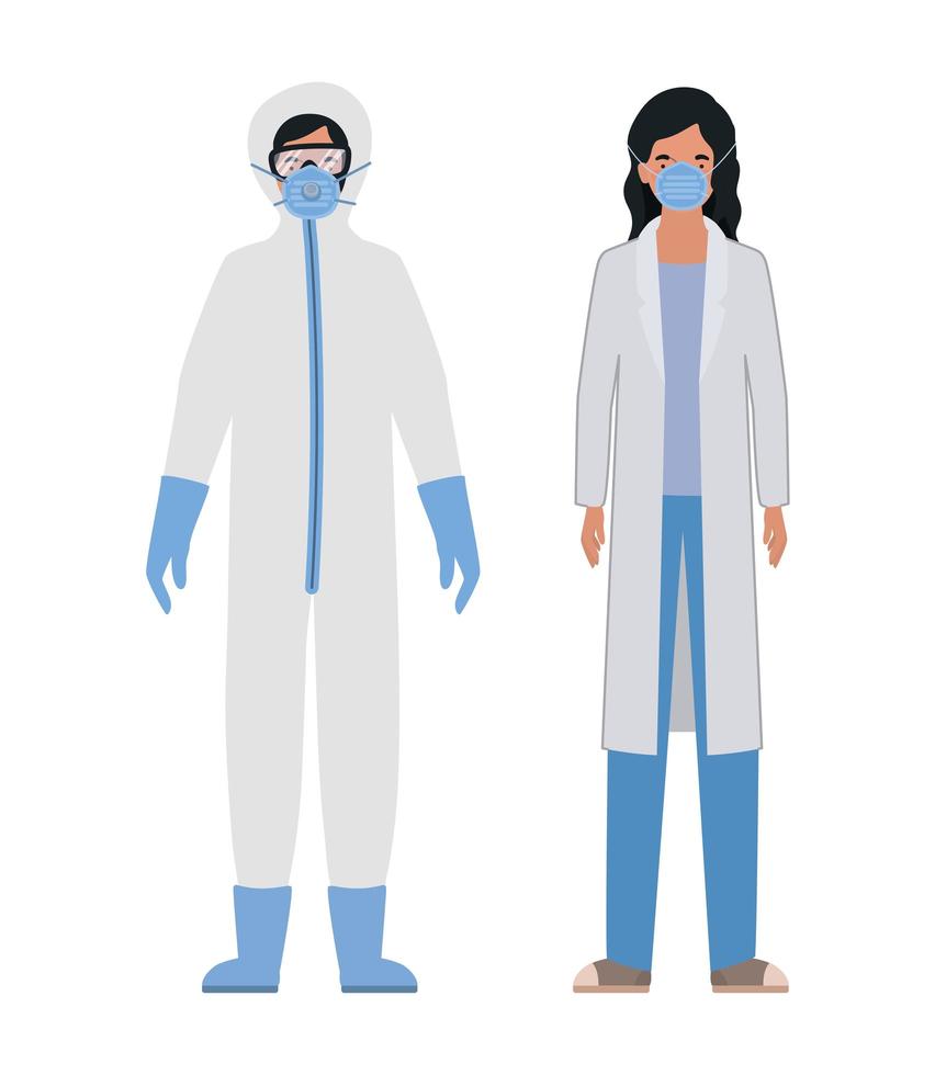 Doctors with protective suits glasses and masks against Covid 19 vector