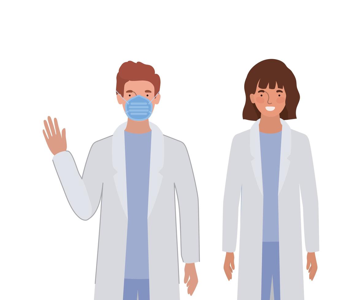 Man and woman doctor with uniforms and mask vector