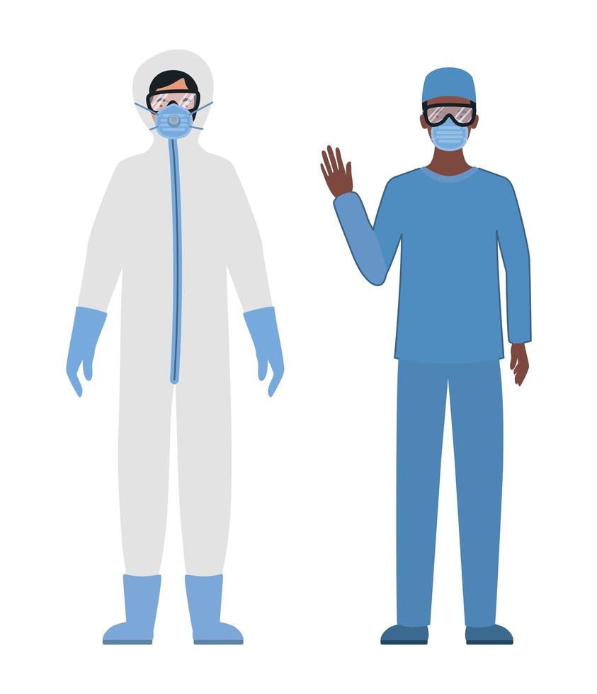 Doctors with protective suits glasses and masks vector