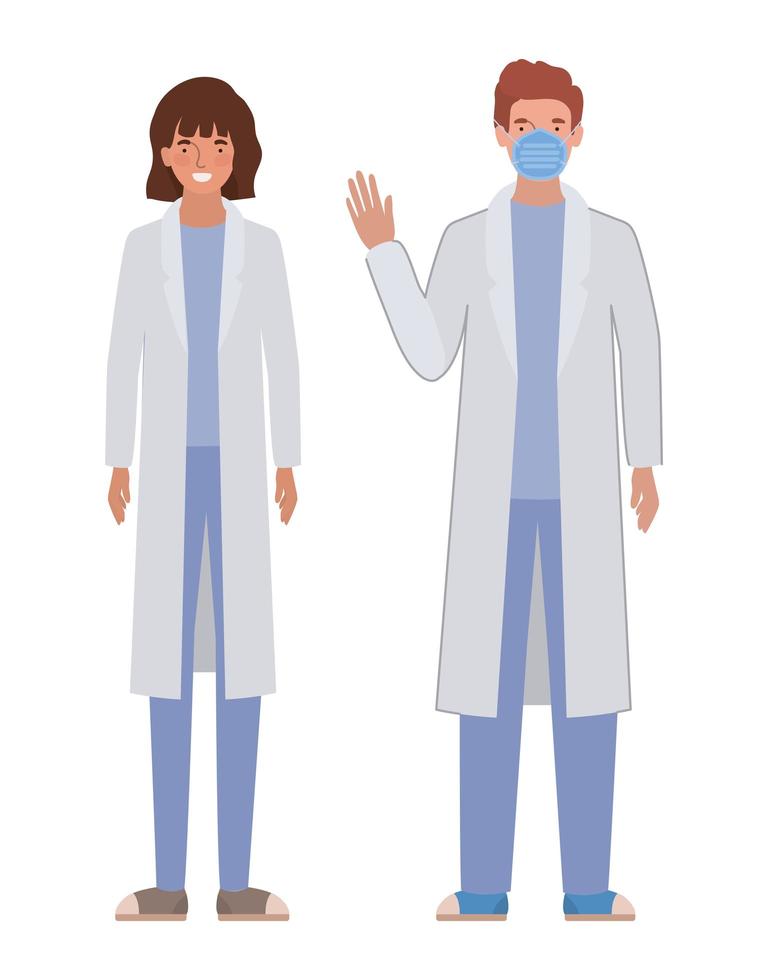 Man and woman doctor with uniforms and mask vector