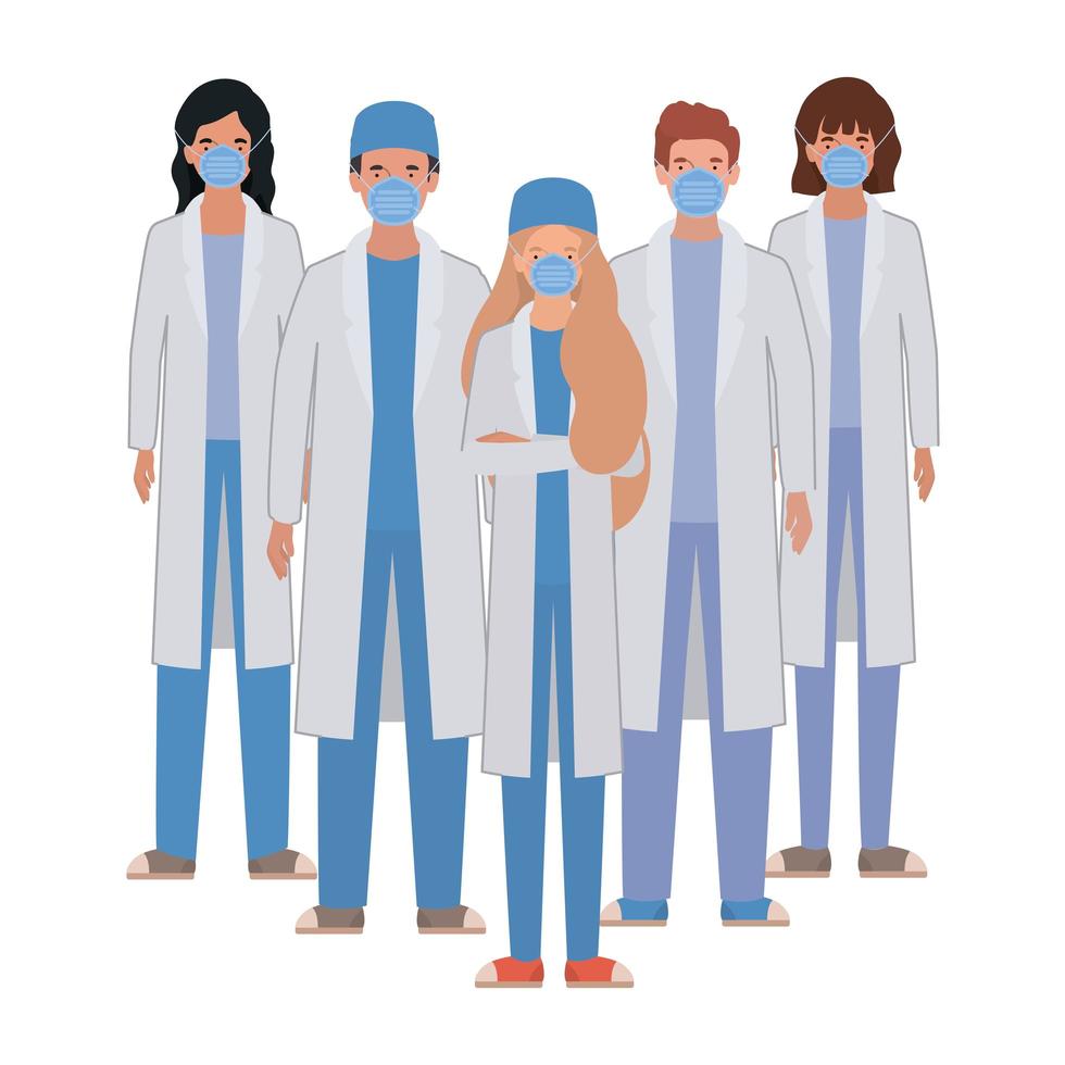 Men and women doctors with uniforms and masks vector