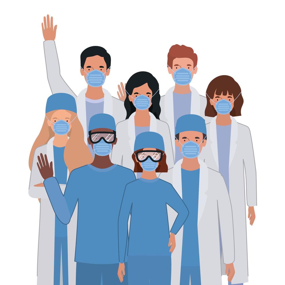 Men and women doctors with uniforms and masks vector