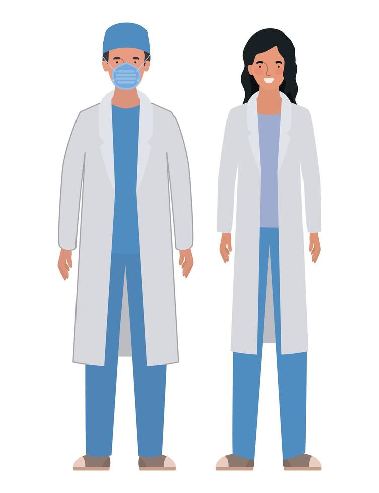 médico hombre y mujer con uniformes y máscara vector