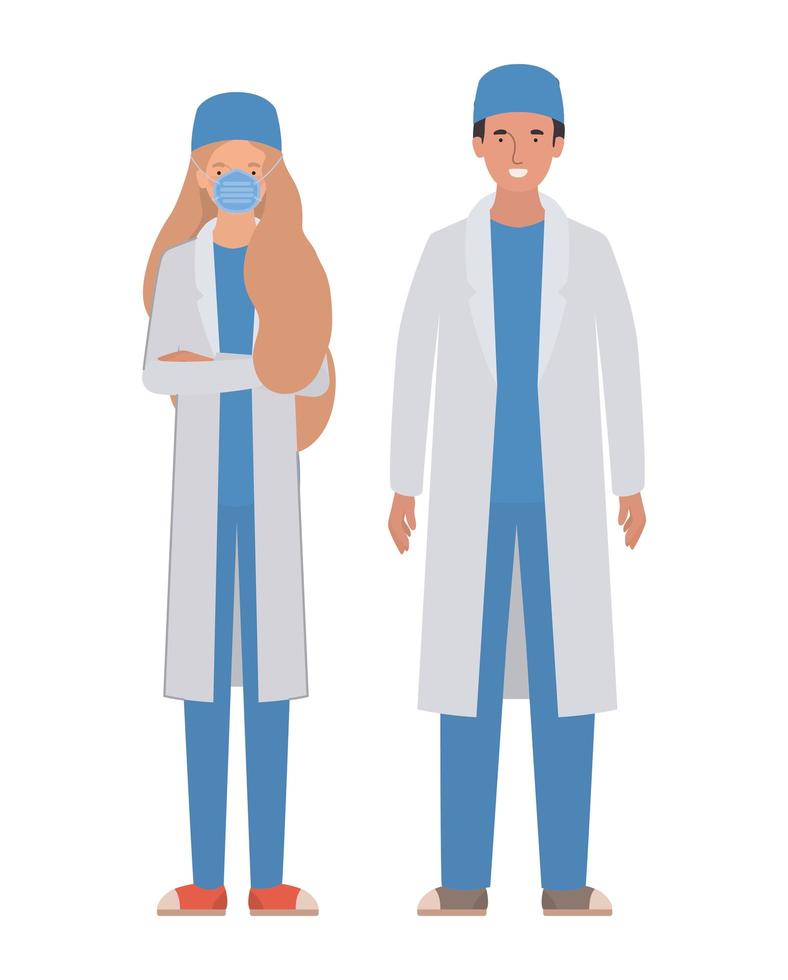 Man and woman doctor with uniforms and mask vector