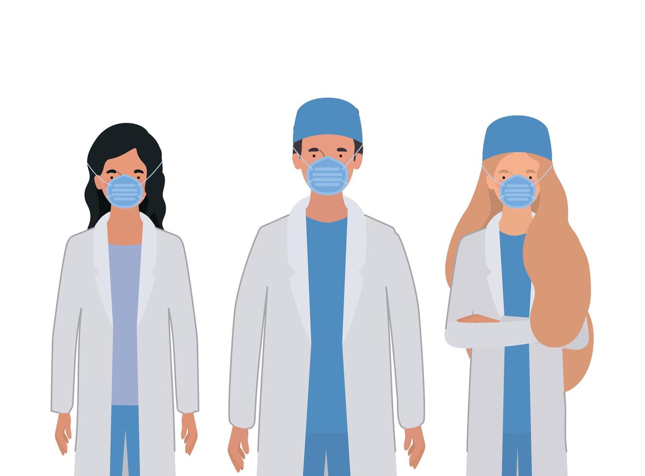 Man and women doctors with uniforms and masks vector