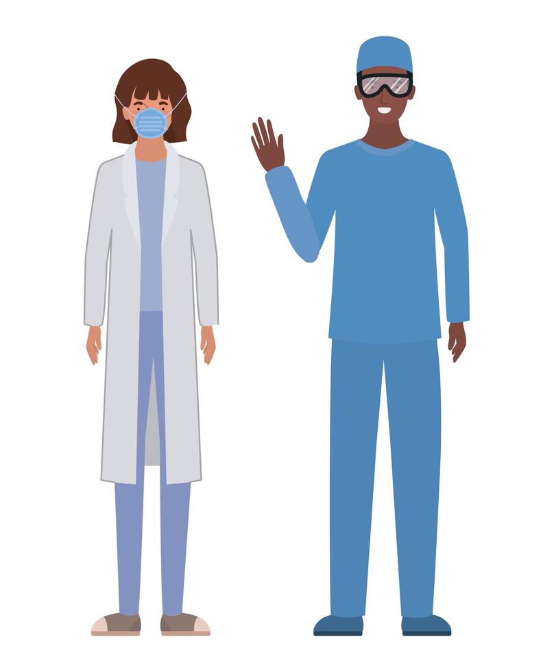 médico hombre y mujer con uniformes máscara y gafas vector