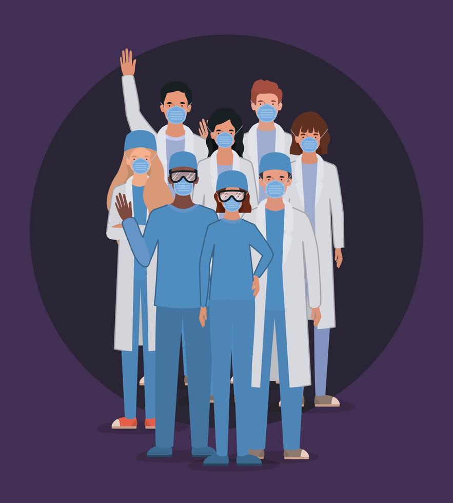 Men and women doctors with uniforms masks and glasses vector