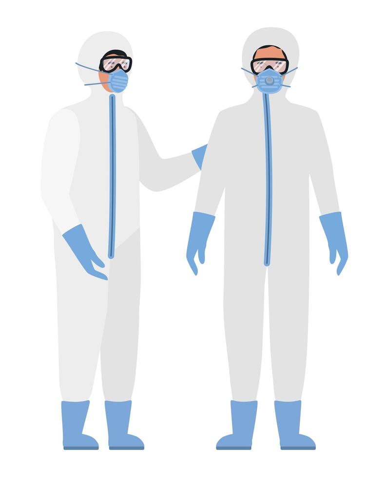 Doctors with protective suits glasses and masks vector