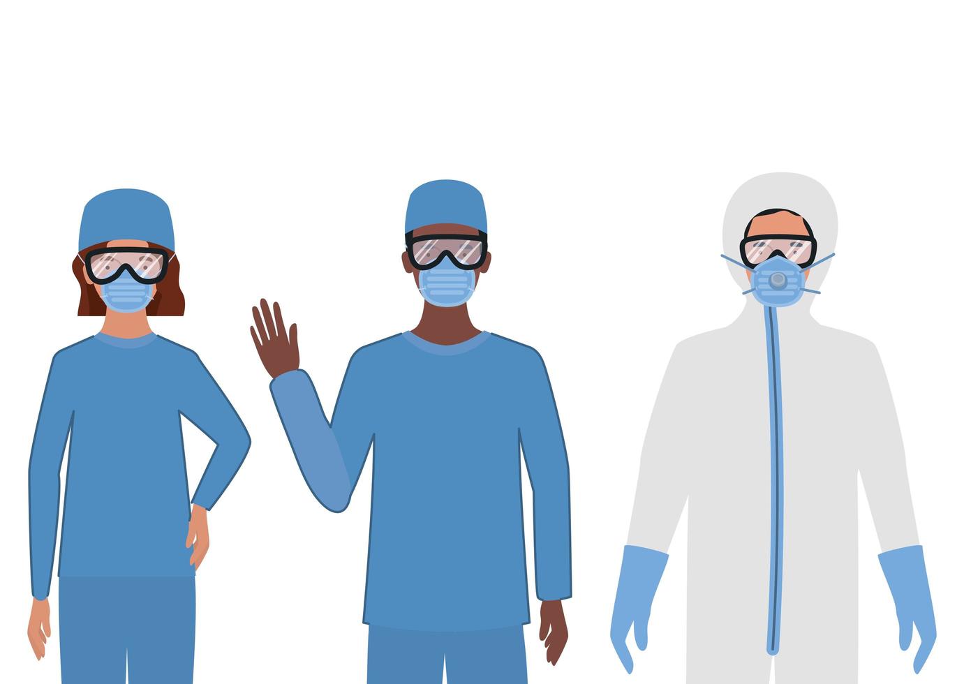 Doctors with protective suits glasses and masks vector