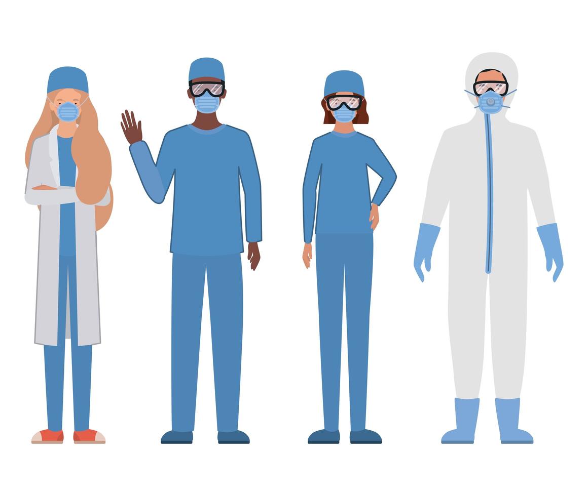 Doctors with protective suits glasses and masks vector