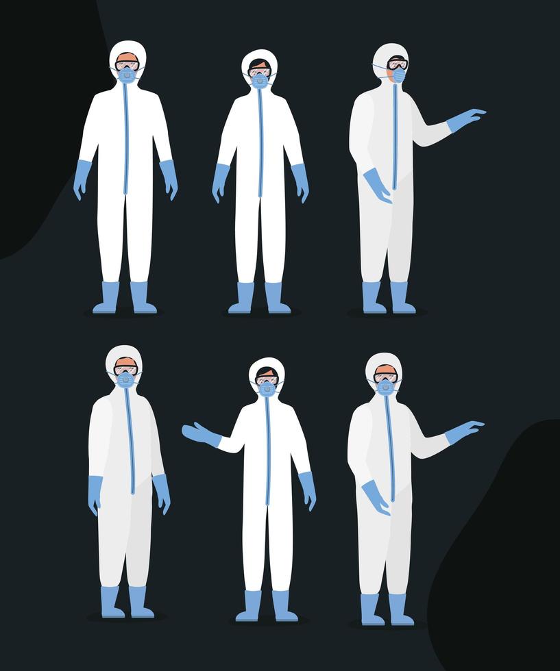 Doctors with protective suits glasses and masks vector